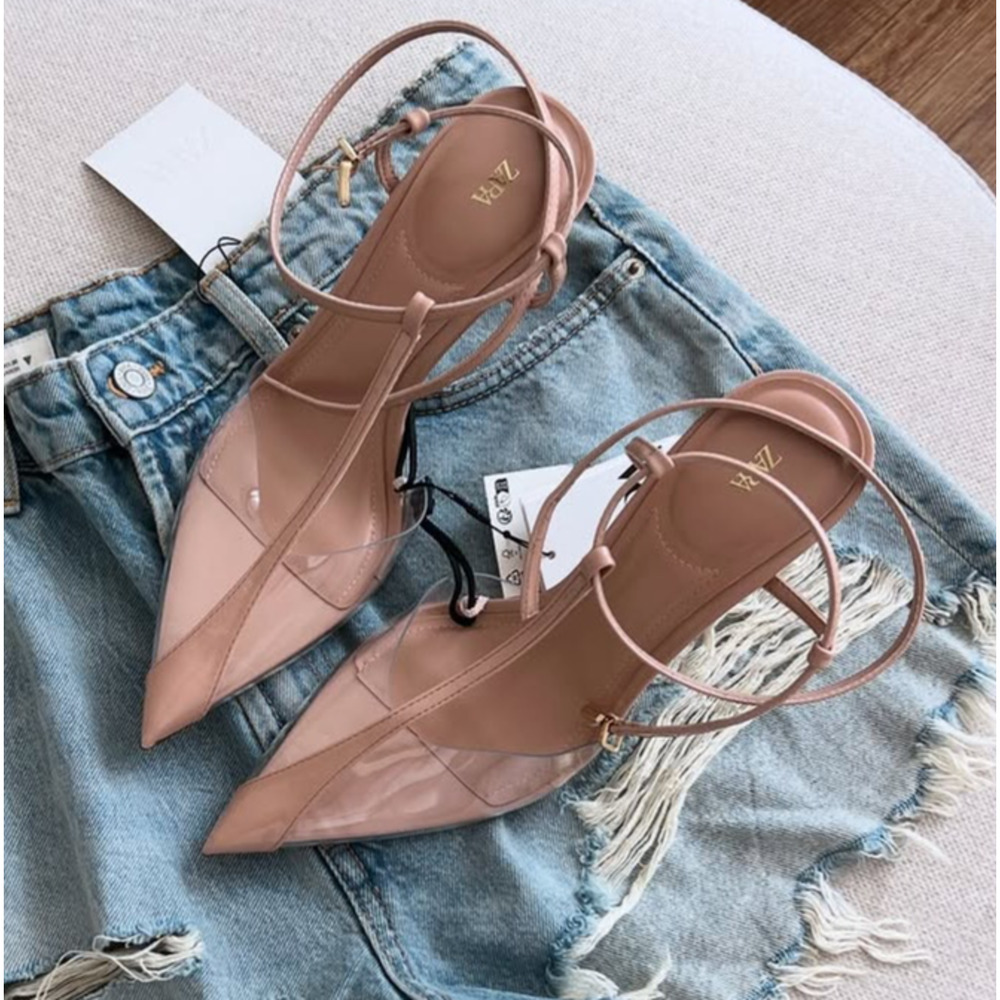 Zara NWT Beige Clear Vinyl Slingback Pointed Toe Heels 7.5 8 - Picture 8 of 16